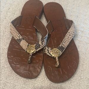 Tory Burch Brown and Cream Snakeskin Sandals